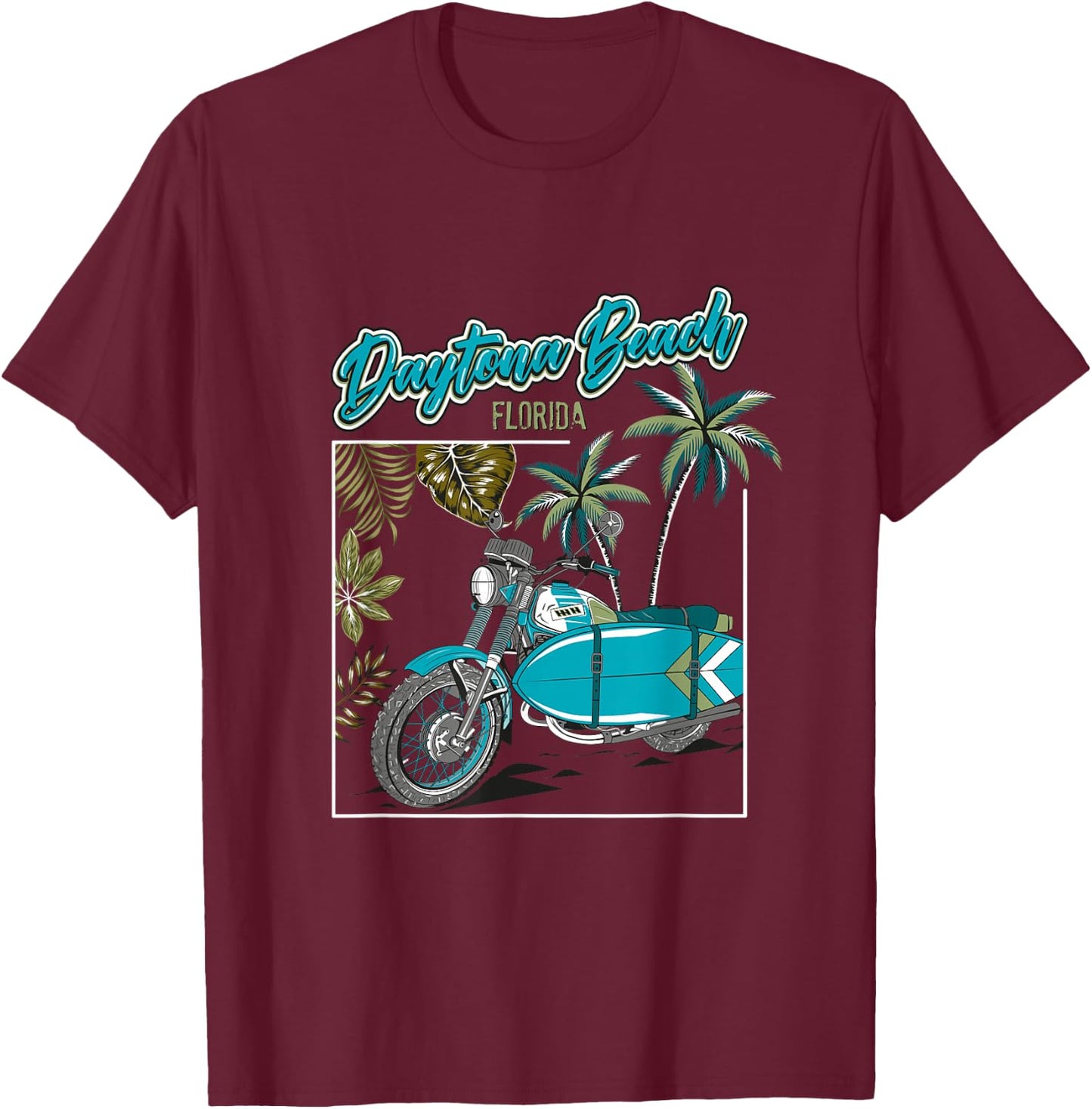 Daytona Beach Florida Motorcycle Surfboard Biker Surfer T-Shirt - T-Shirt | Maroon