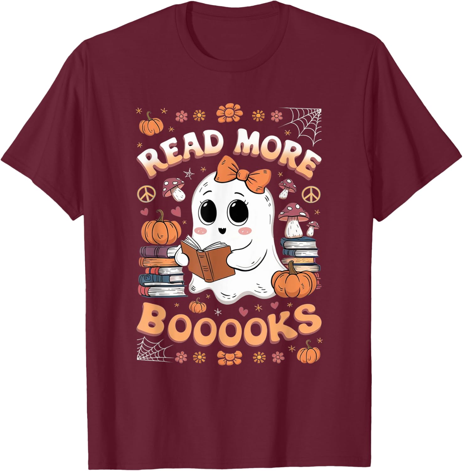 Read More Books Boo Ghost Halloween Reading Books Teacher T-Shirt - T-Shirt | Maroon
