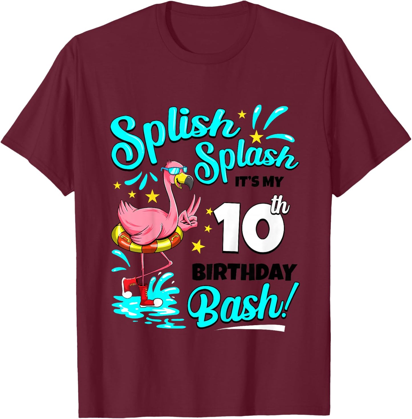 10th Birthday Flamingo 10 Years Old Pool Party Summer T-Shirt - T-Shirt | Maroon