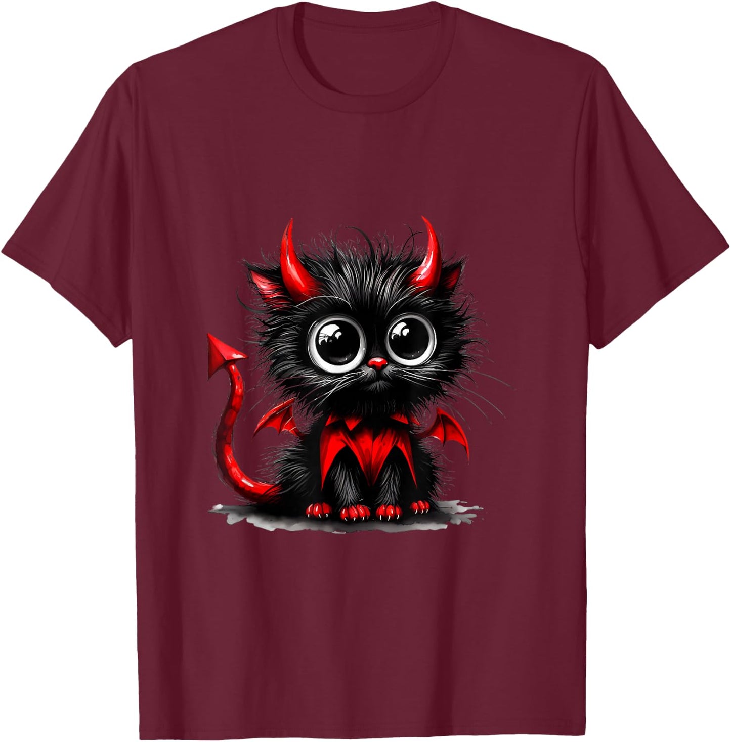 Adorable Cat Kitten Halloween Black Devil Cartoon , Black, S T-Shirt - T-Shirt | Maroon
