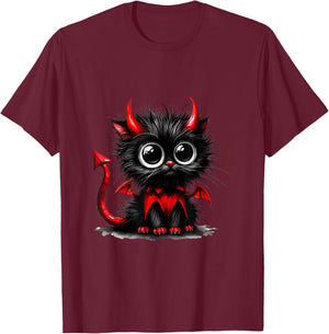 Adorable Cat Kitten Halloween Black Devil Cartoon , Black, S T-Shirt - T-Shirt | Maroon