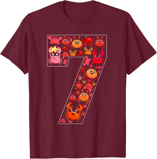7th Birthday Kids 7 Year Old Birthday Crab Lover Party T-Shirt - T-Shirt | Maroon