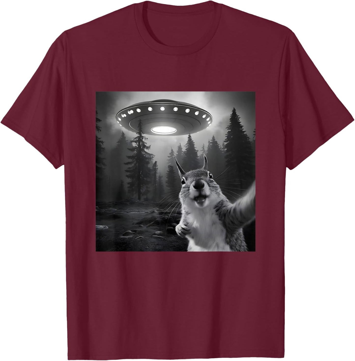 Squirrel Selfie With UFO - Funny Graphic Alien Lover T-Shirt - T-Shirt | Maroon