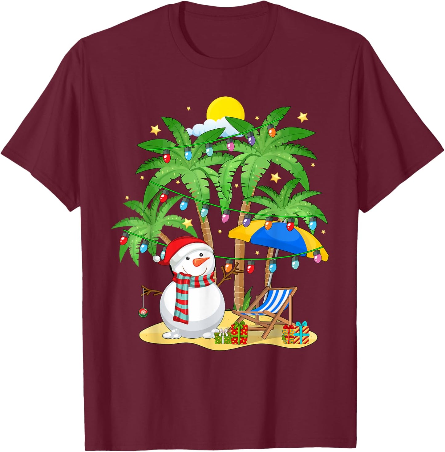 Christmas in July Snowman on Palm Tree Tropical Beach T-Shirt - T-Shirt | Maroon