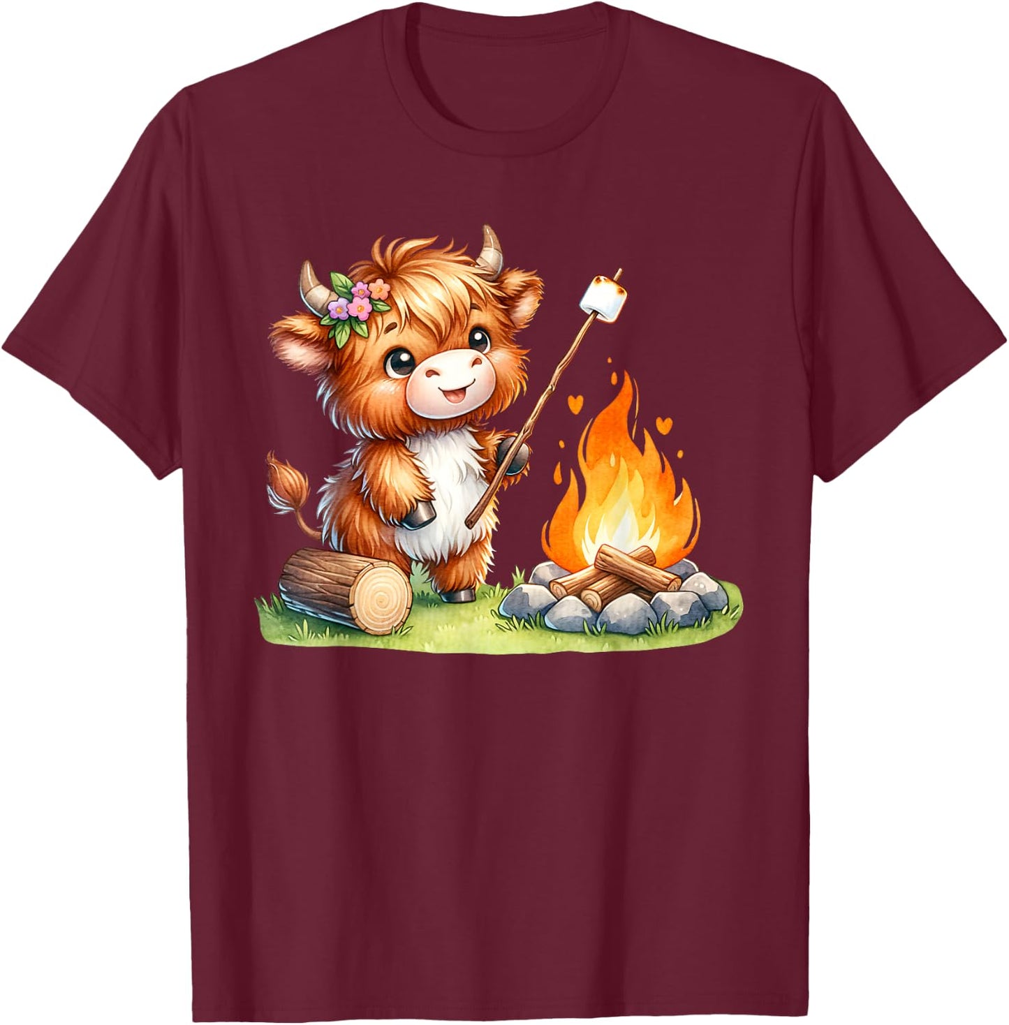Cute Highland Cow Camping Roasting Marshmallows T-Shirt - T-Shirt | Maroon