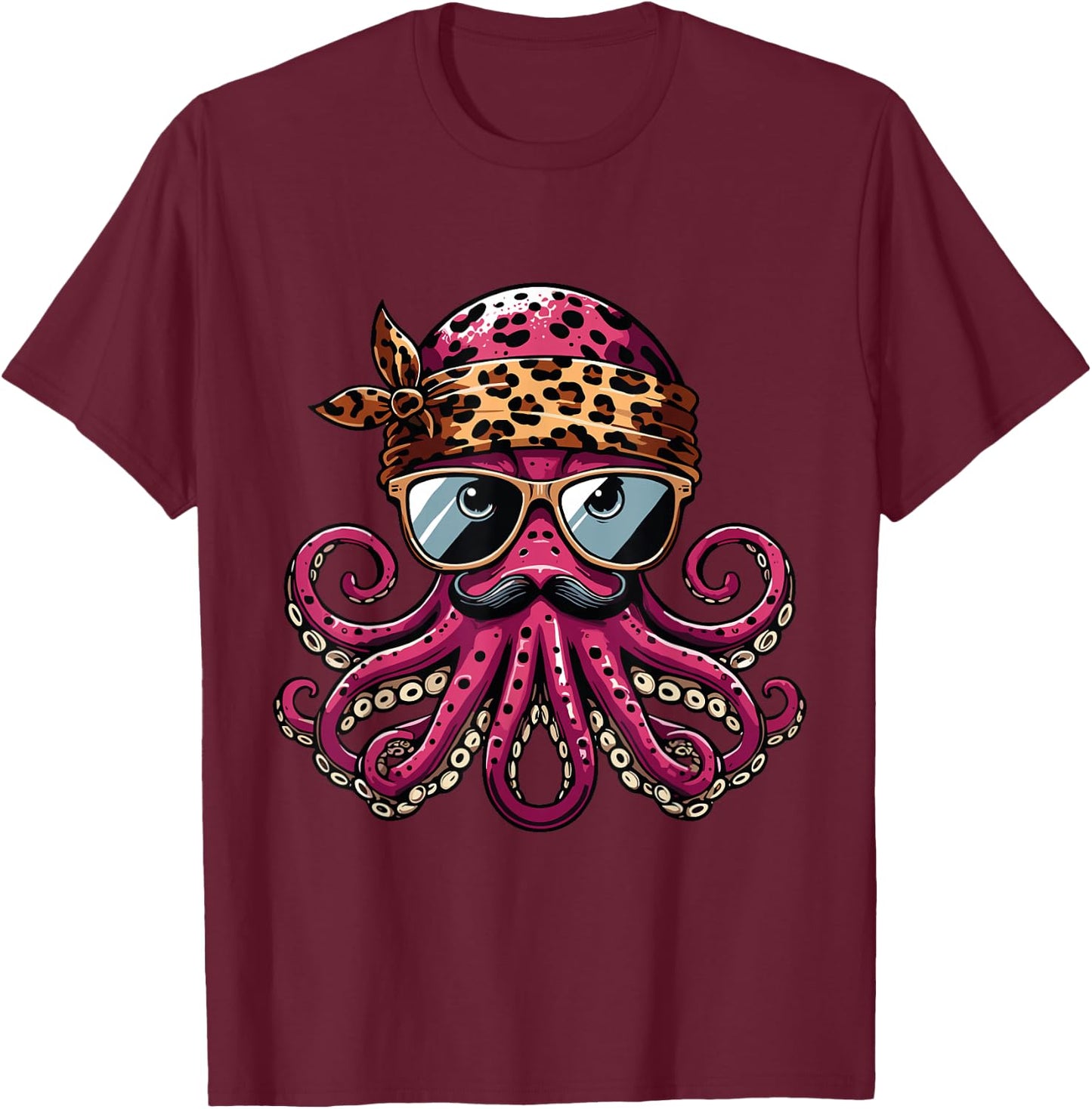 Octopus Wearing Leopard Print Scarf Cute Sunglasses Shades T-Shirt - T-Shirt | Maroon