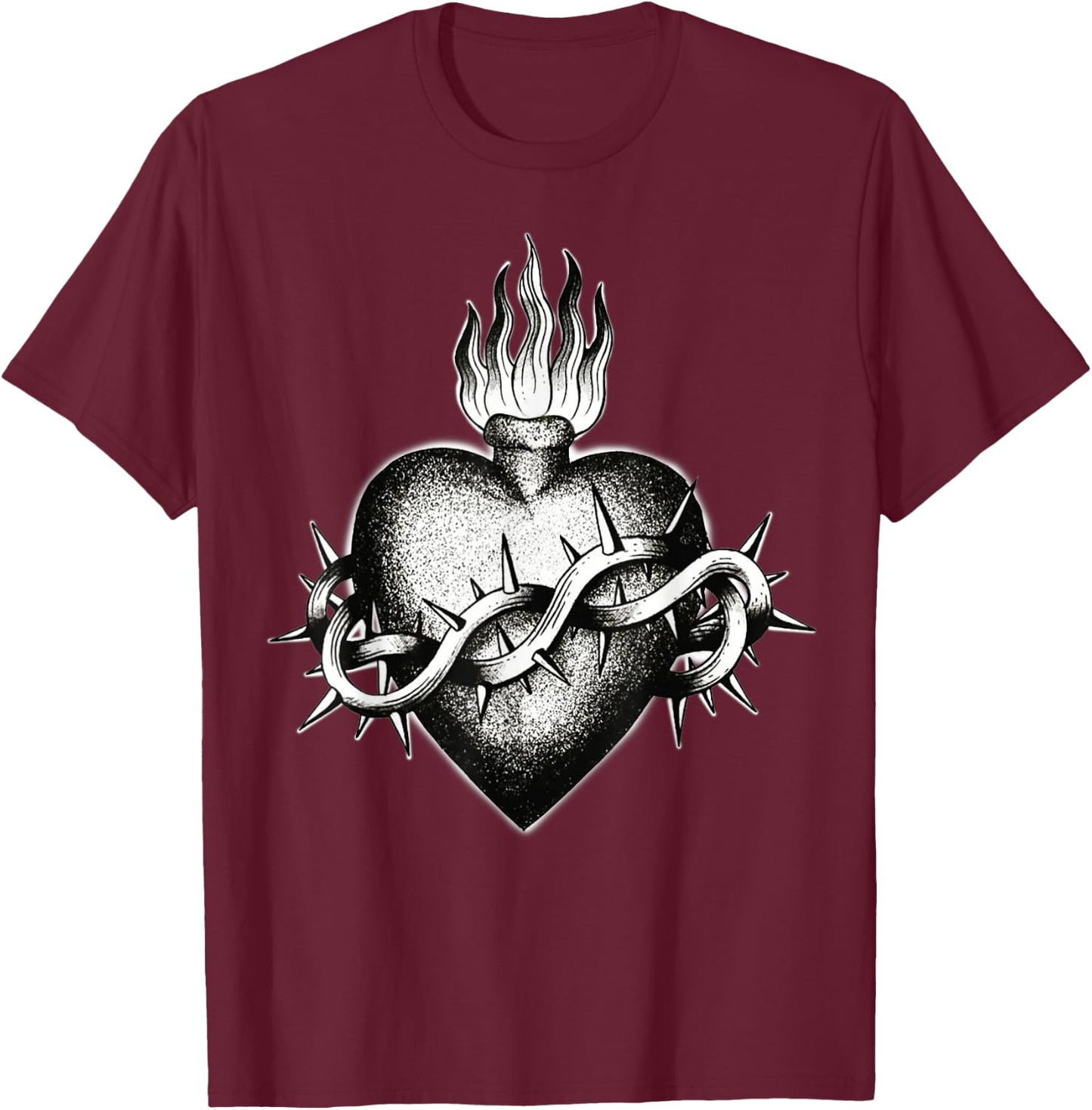 Sacred Flaming Heart Blackwork Tattoo Flash , Black, S T-Shirt - T-Shirt | Maroon