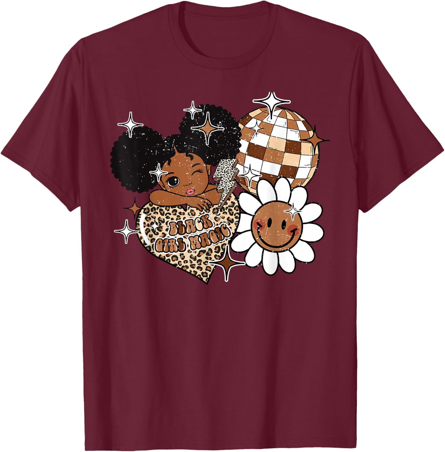 Kids Black Girl Magic Melanin History Girls Afro Puffs Retro T-Shirt - T-Shirt | Maroon