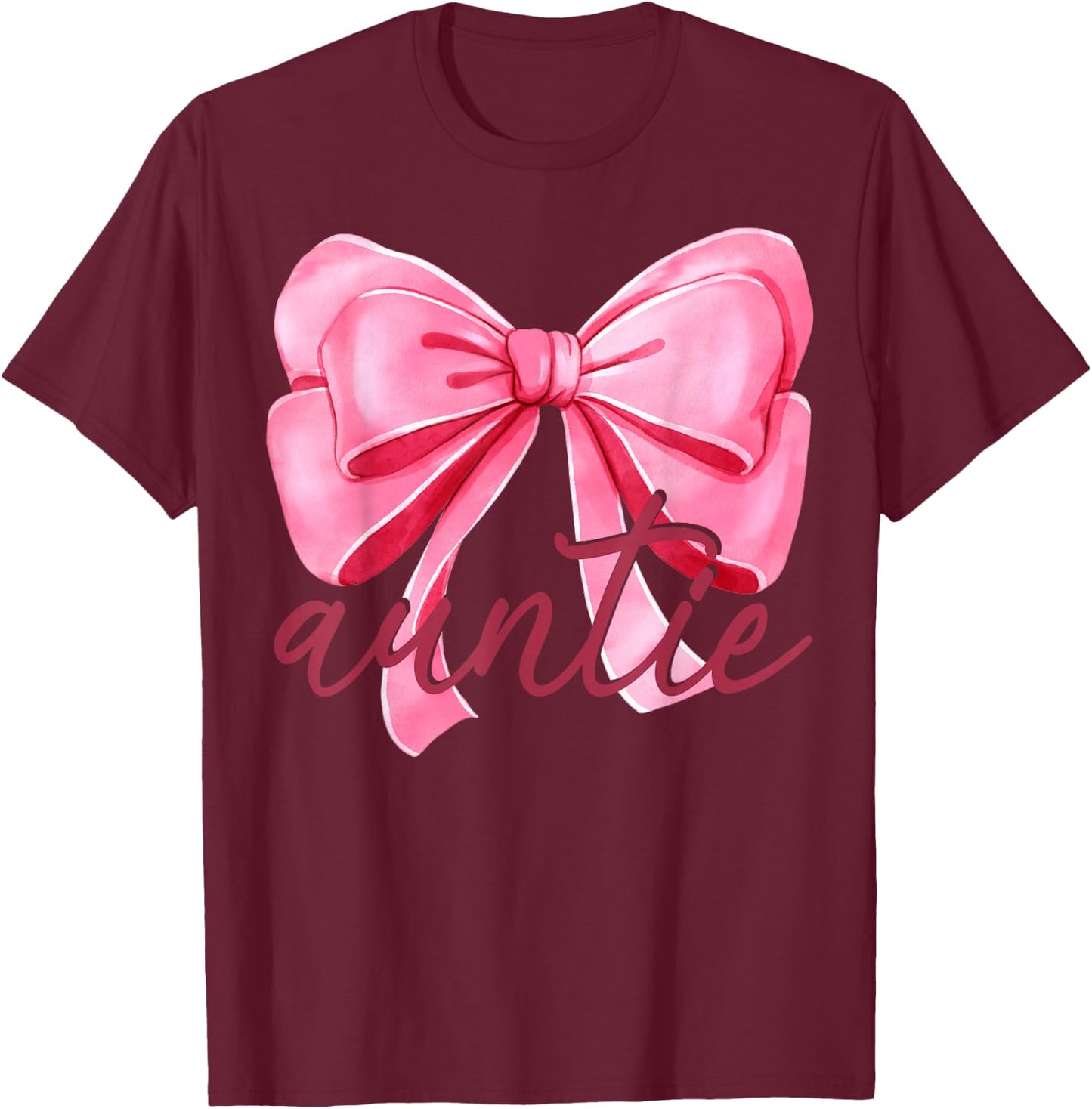 Auntie Pink Bow Birthday Baby Shower Family Pink Ribbon T-Shirt - T-Shirt | Maroon