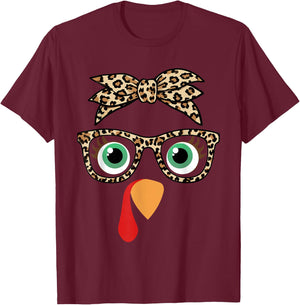 Thanksgiving Turkey Face Girl Leopard Bow And Glasses Women T-Shirt - T-Shirt | Maroon