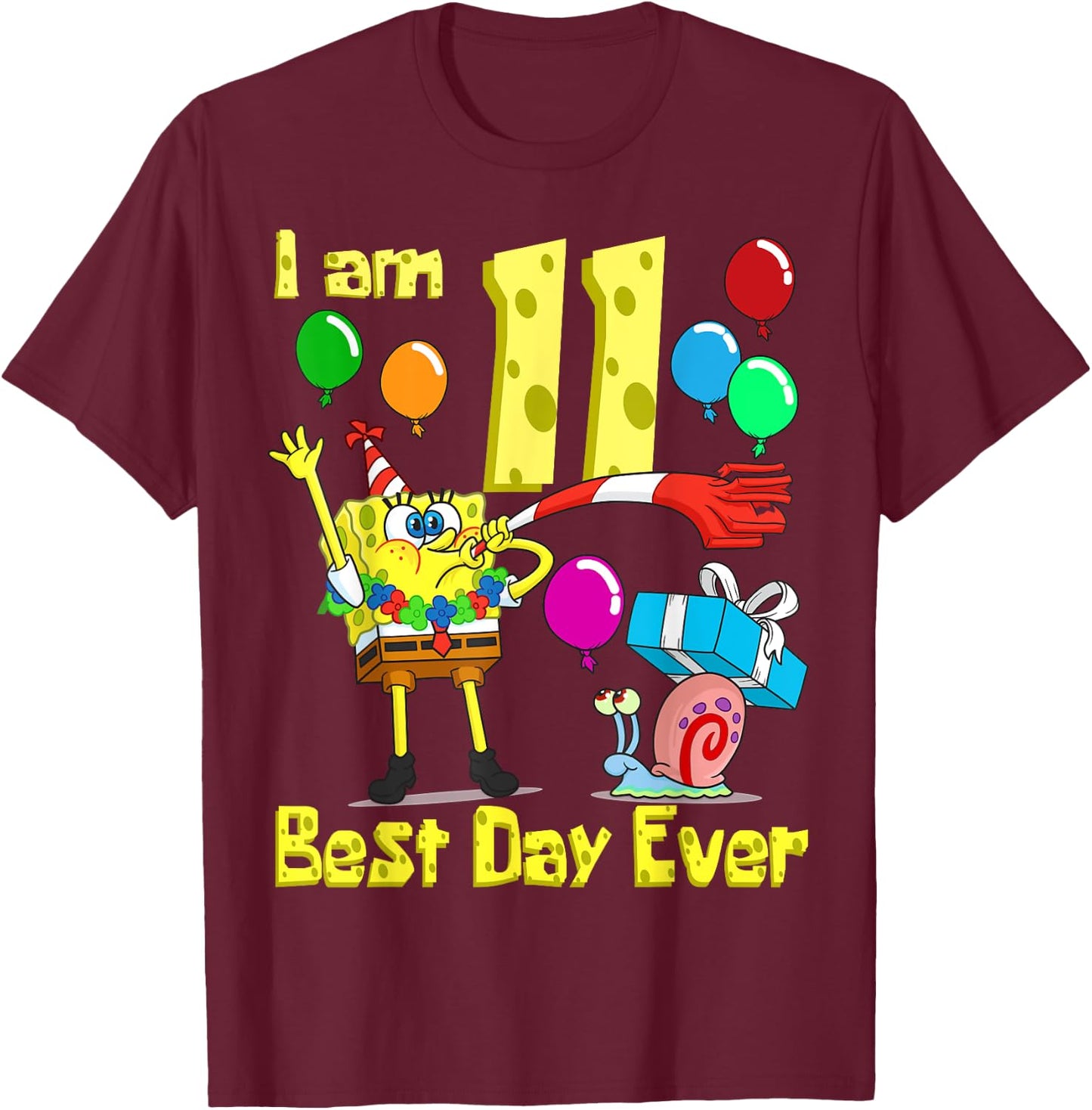 Mademark x SpongeBob SquarePants - SpongeBob I am 11 Years Old Birthday Party T-Shirt - T-Shirt | Maroon
