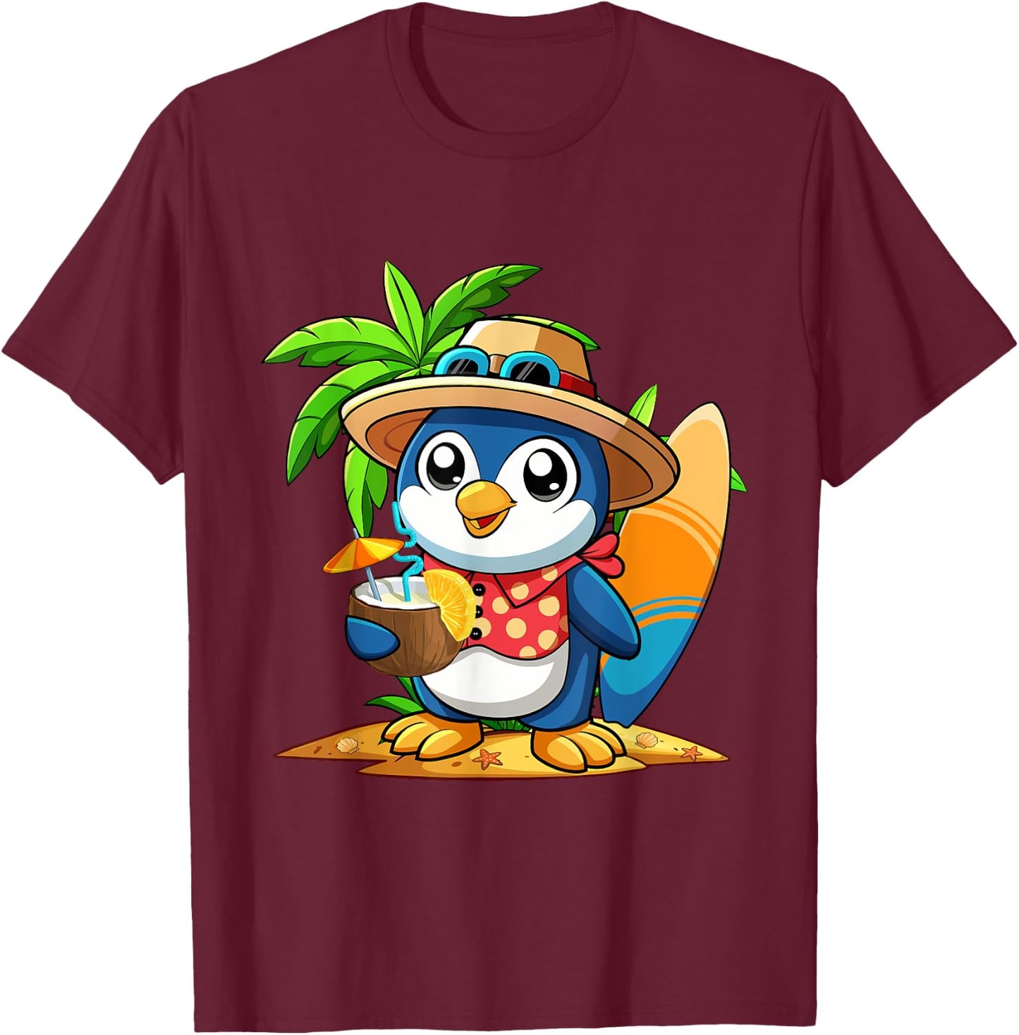 Cute Penguin Drinking Coconut Hawaiian Summer Vacation Men Women Kids T-Shirt - T-Shirt | Maroon