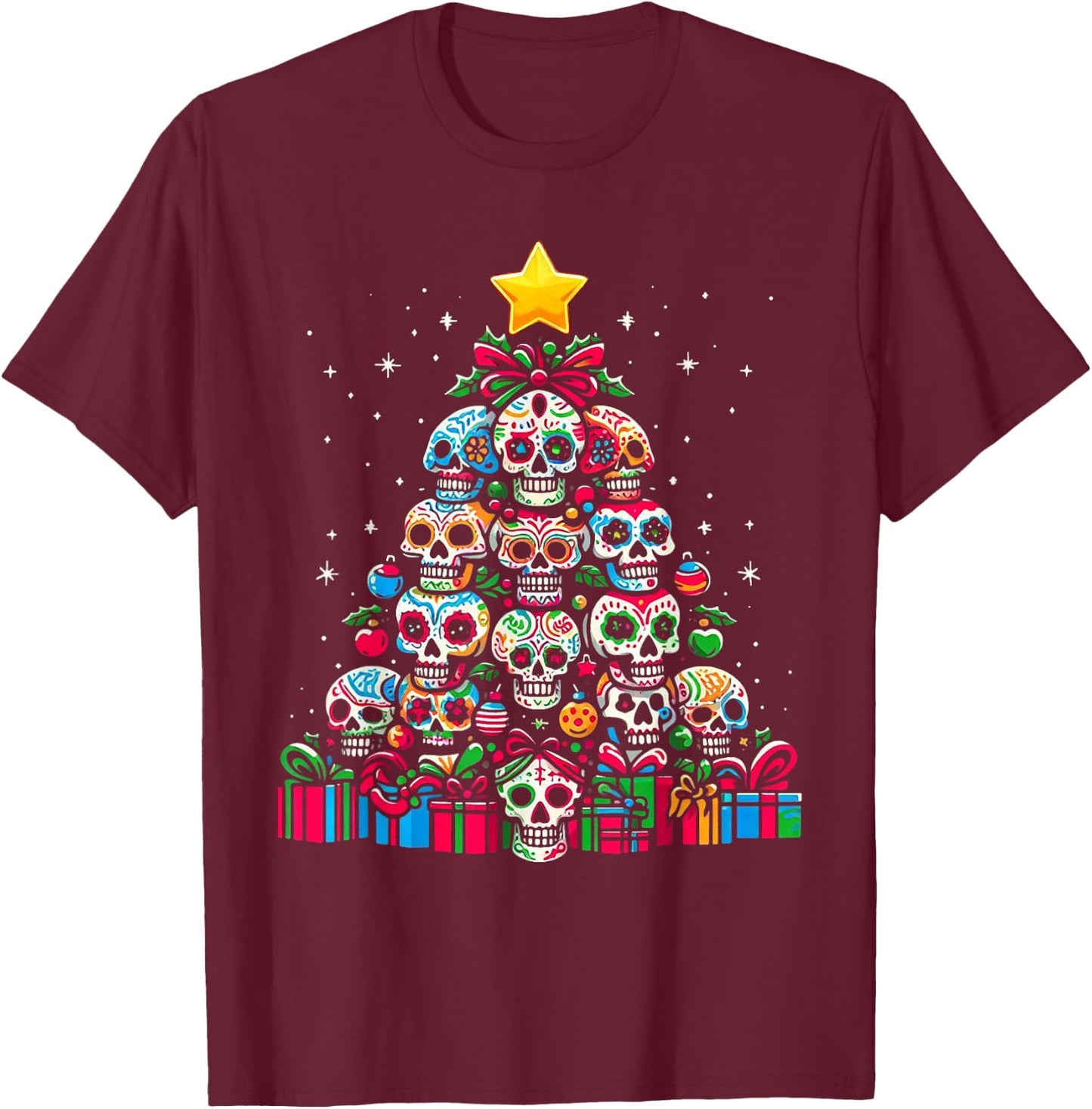 Skull Christmas Tree Funny Mexican Flower Sugar Skull Xmas T-Shirt - T-Shirt | Maroon