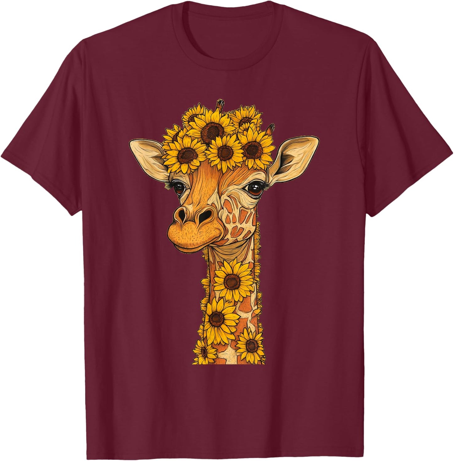 Sunflower Giraffe Flower Gardening Floral T-Shirt - T-Shirt | Maroon