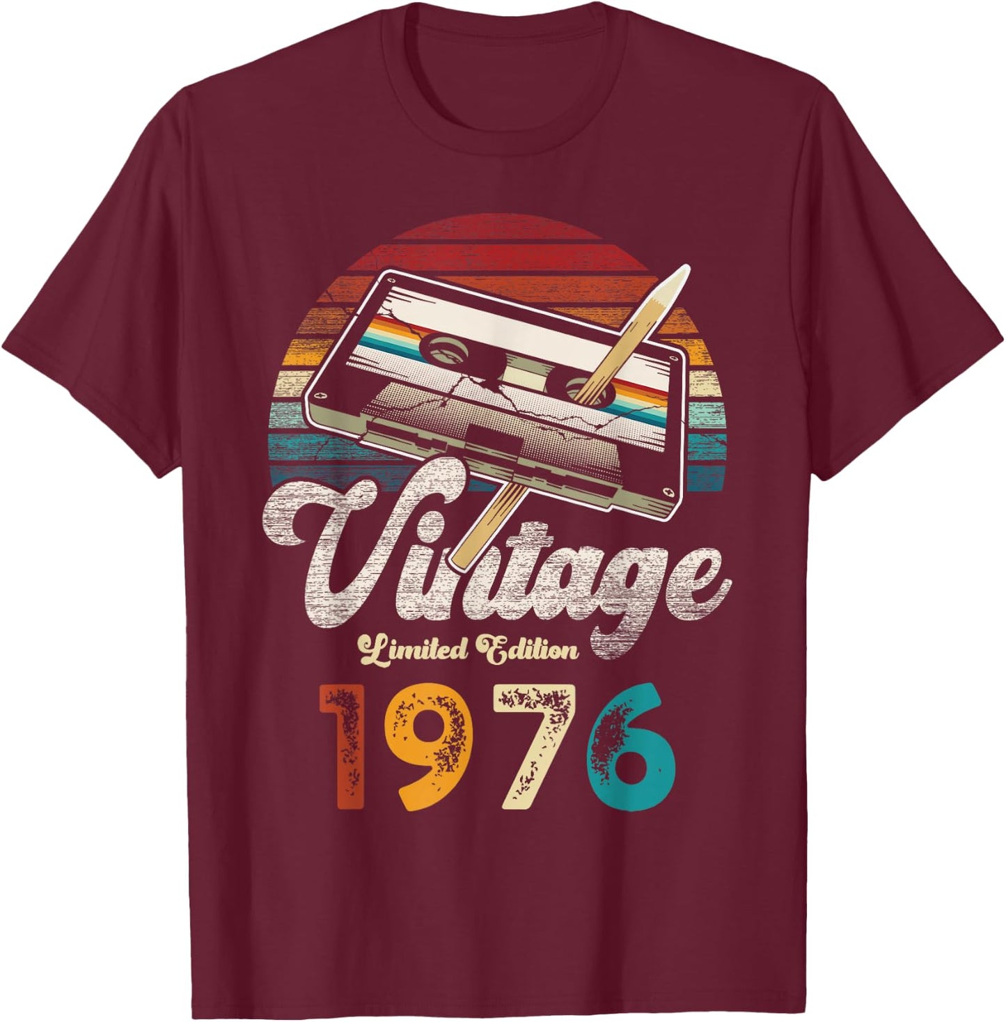 Vintage 1976 Birthday 49 Years Cassette Pencil T-Shirt - T-Shirt | Maroon