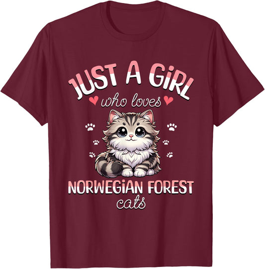 Girl Who Loves Norwegian Cats Loves Norwegian Cat , Black, S T-Shirt - T-Shirt | Maroon