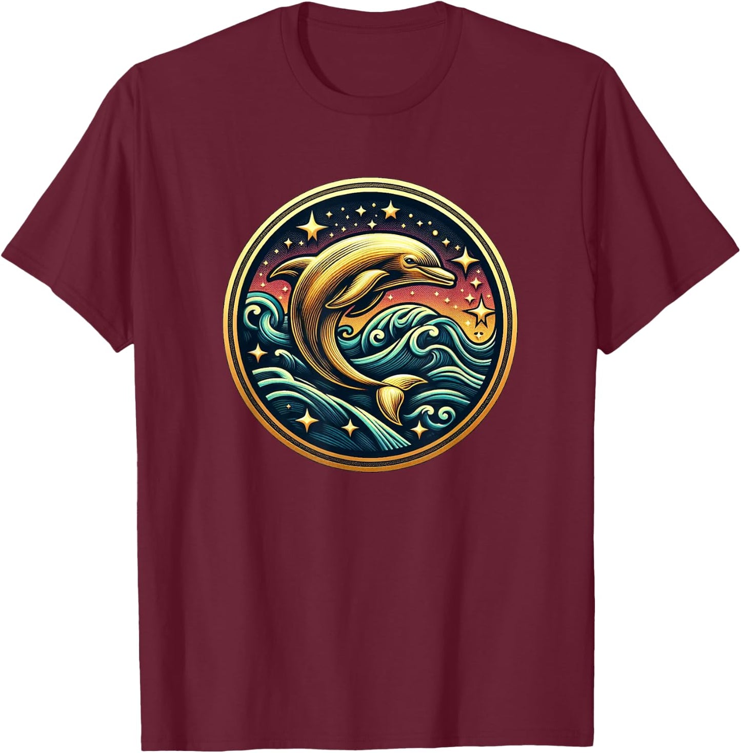 Gold Galaxy Dolphin Sea Life Star Gazing Ocean Animals T-Shirt - T-Shirt | Maroon