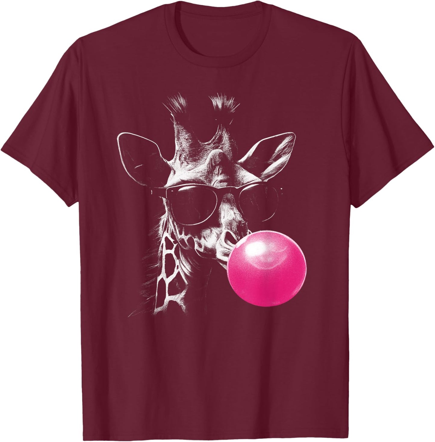 Giraffe with Pink Bubblegum and Sunglasses , black T-Shirt - T-Shirt | Maroon