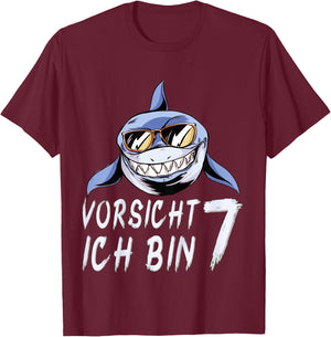 Children's Shark 7 Years Birthday Shirt Boy Shark 7th Birthday , black, 80 T-Shirt - T-Shirt | Maroon