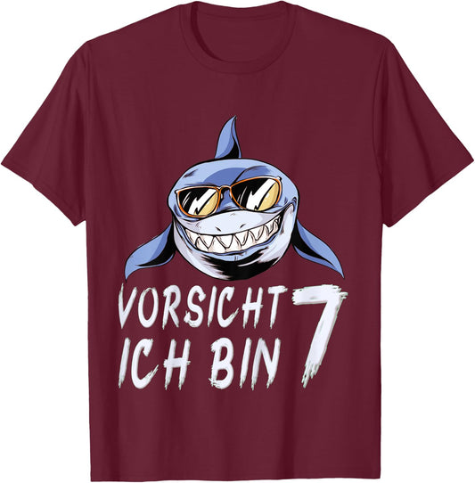 Children's Shark 7 Years Birthday Shirt Boy Shark 7th Birthday , black, 80 T-Shirt - T-Shirt | Maroon