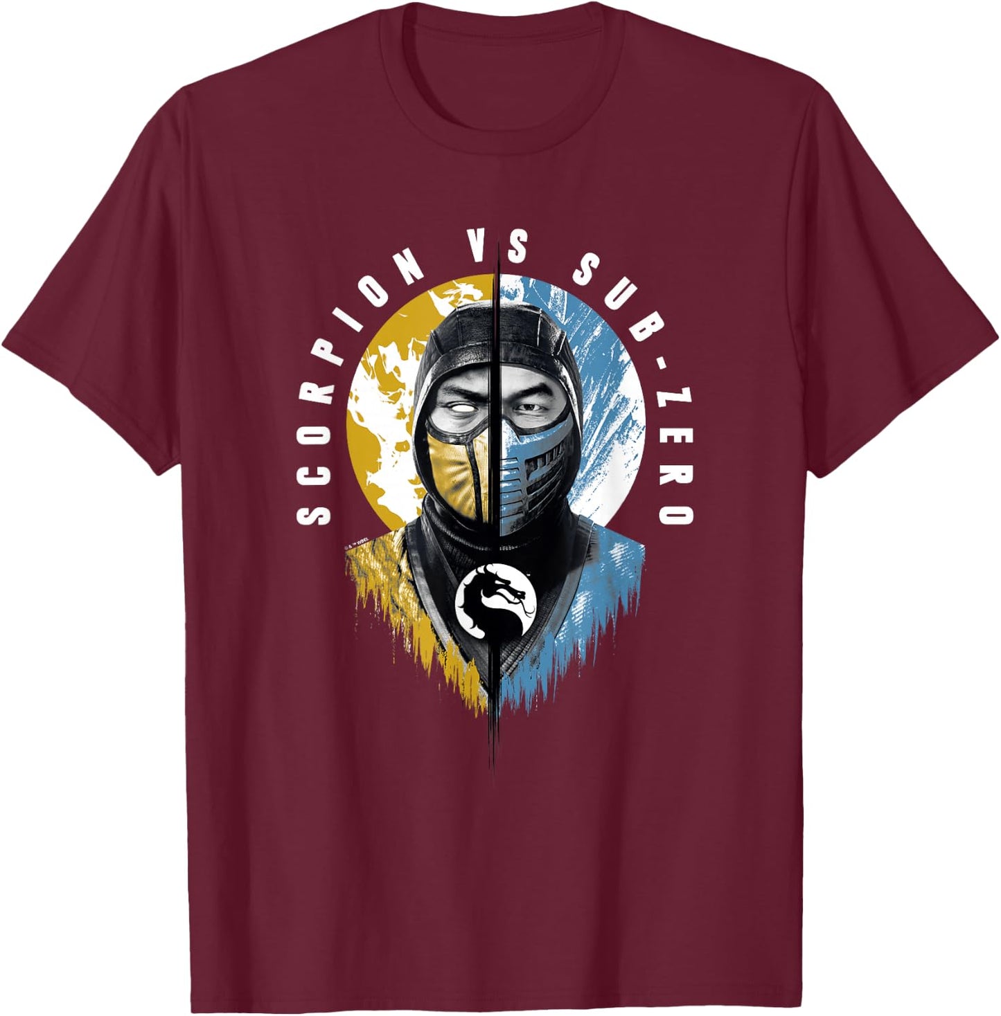 Mortal Kombat Klassic Scorpion vs Sub-Zero Split Portrait T-Shirt - T-Shirt | Maroon