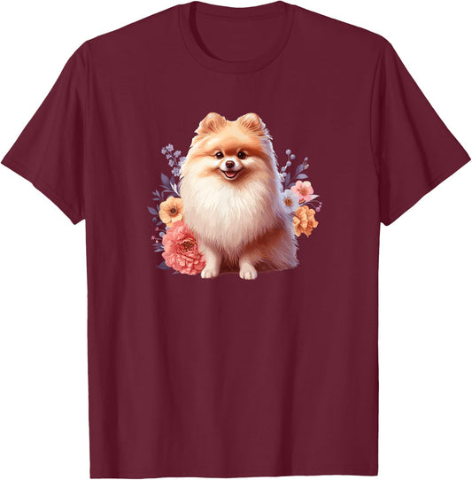Cute Funny Flowers Floral Pomeranian Lover T-Shirt - T-Shirt | Maroon