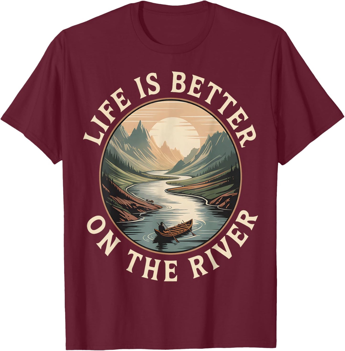 Life is Better On River Canoe Retro T-Shirt - T-Shirt | Maroon