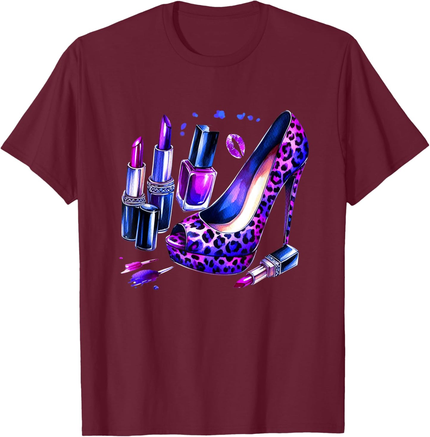 Purple Leopard Pattern High Heel Shoes Lipstick Nail Polish T-Shirt - T-Shirt | Maroon