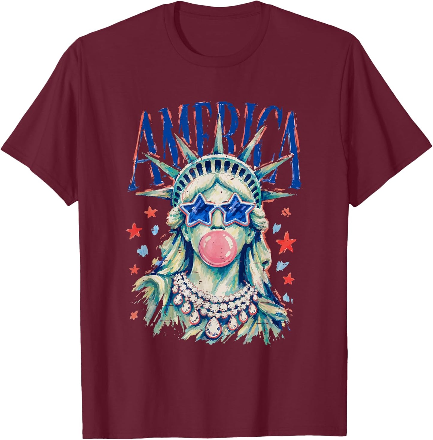 Vintage Statue of Liberty Blowing Bubble America 4th of July T-Shirt - T-Shirt | Maroon