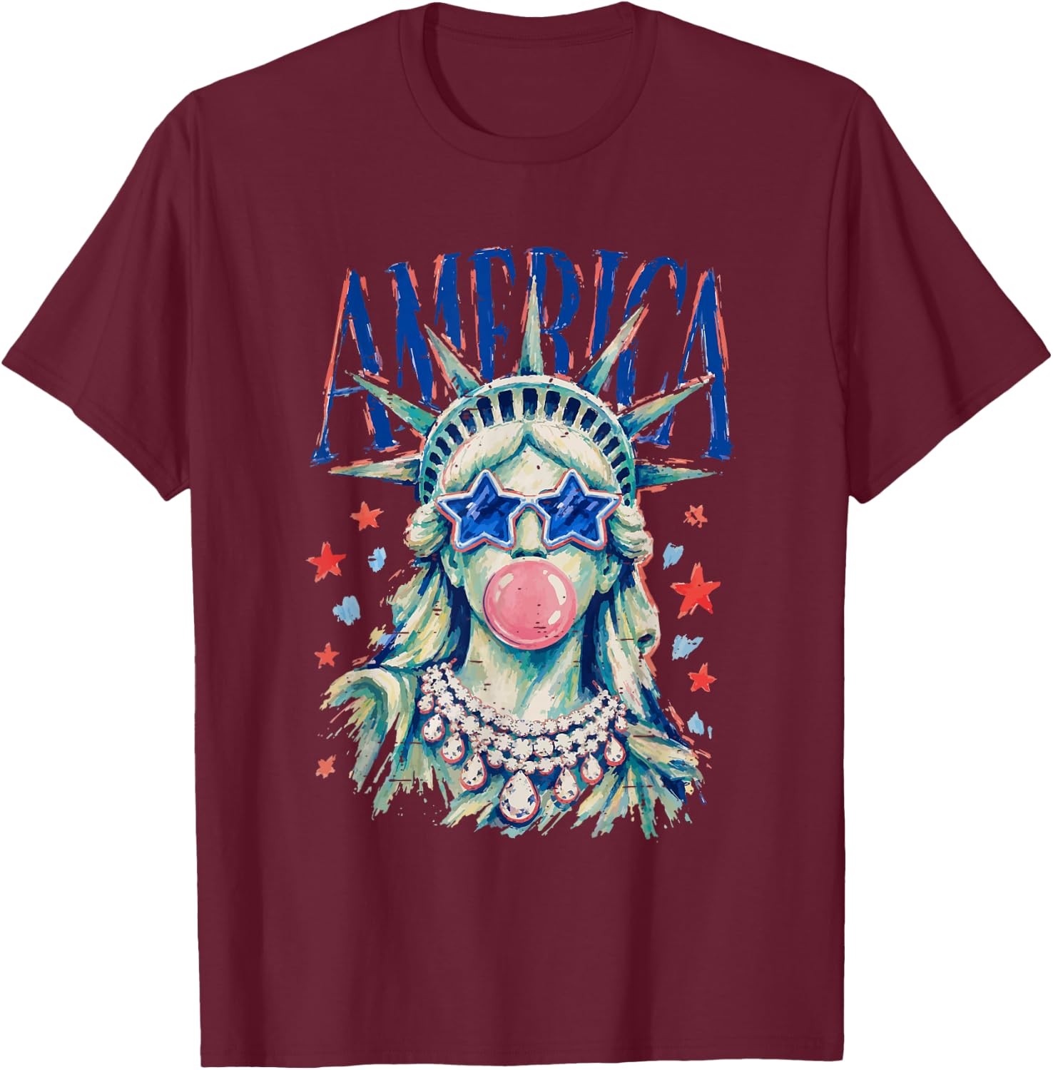 Vintage Statue of Liberty Blowing Bubble America 4th of July T-Shirt - T-Shirt | Maroon