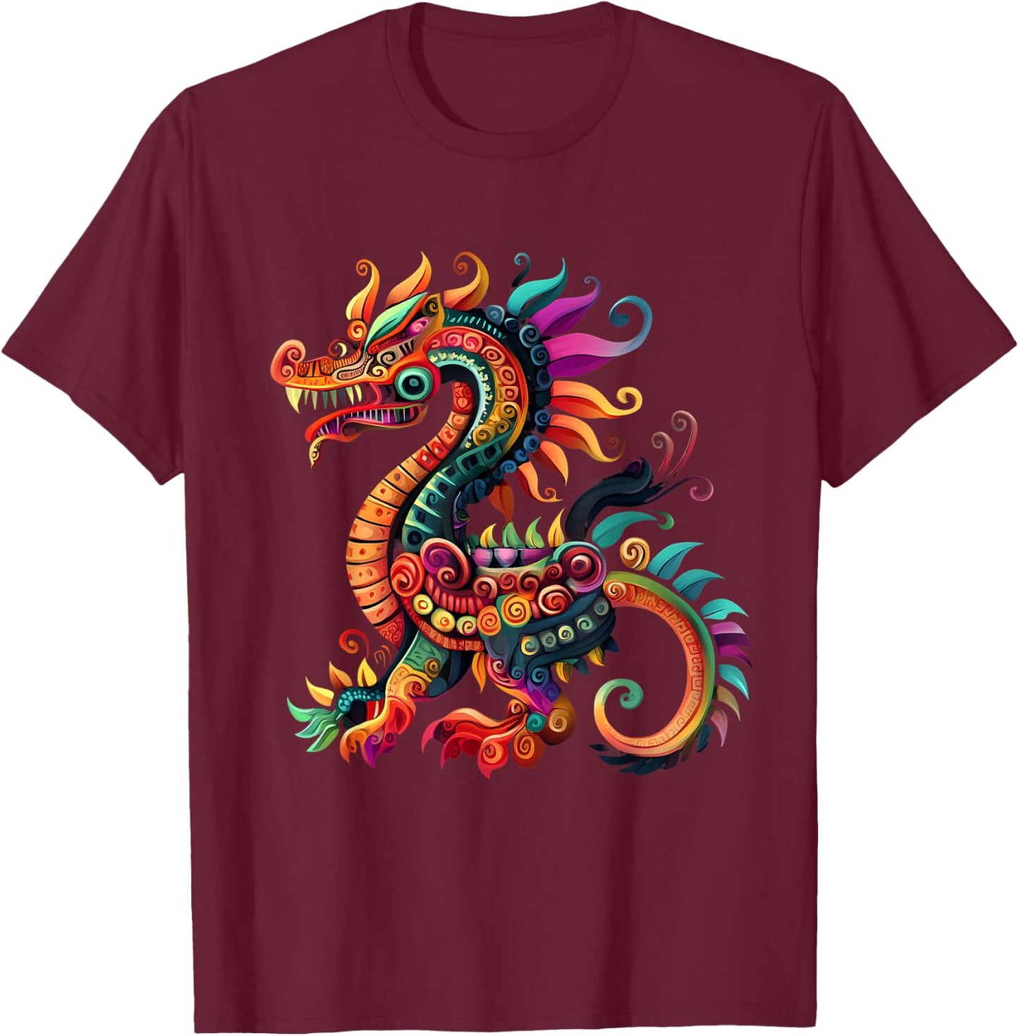 Aztec Mexican Mythology Dragon Feathered Serpent Artwork T-Shirt - T-Shirt | Maroon