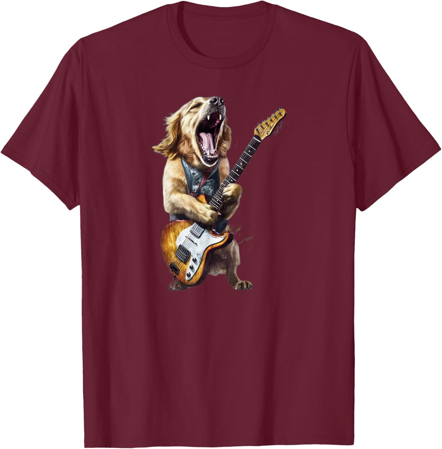 Golden Retriever Dog Playing On Electric Guitar T-Shirt - T-Shirt | Maroon