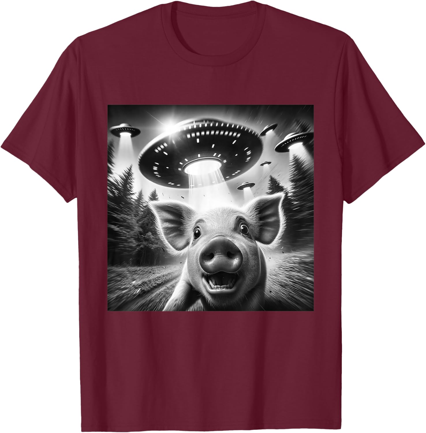 Funny Pig UFO Alien Pig Graphic Men Women T-Shirt - T-Shirt | Maroon