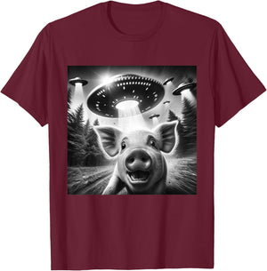 Funny Pig UFO Alien Pig Graphic Men Women T-Shirt - T-Shirt | Maroon
