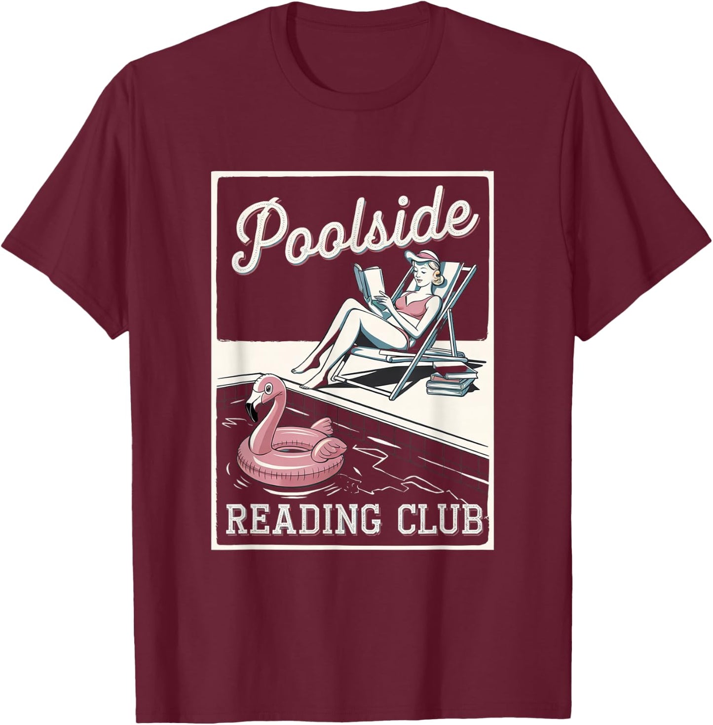 Poolside Reading Club Books Flamingo Swim Pool Inflatable T-Shirt - T-Shirt | Maroon