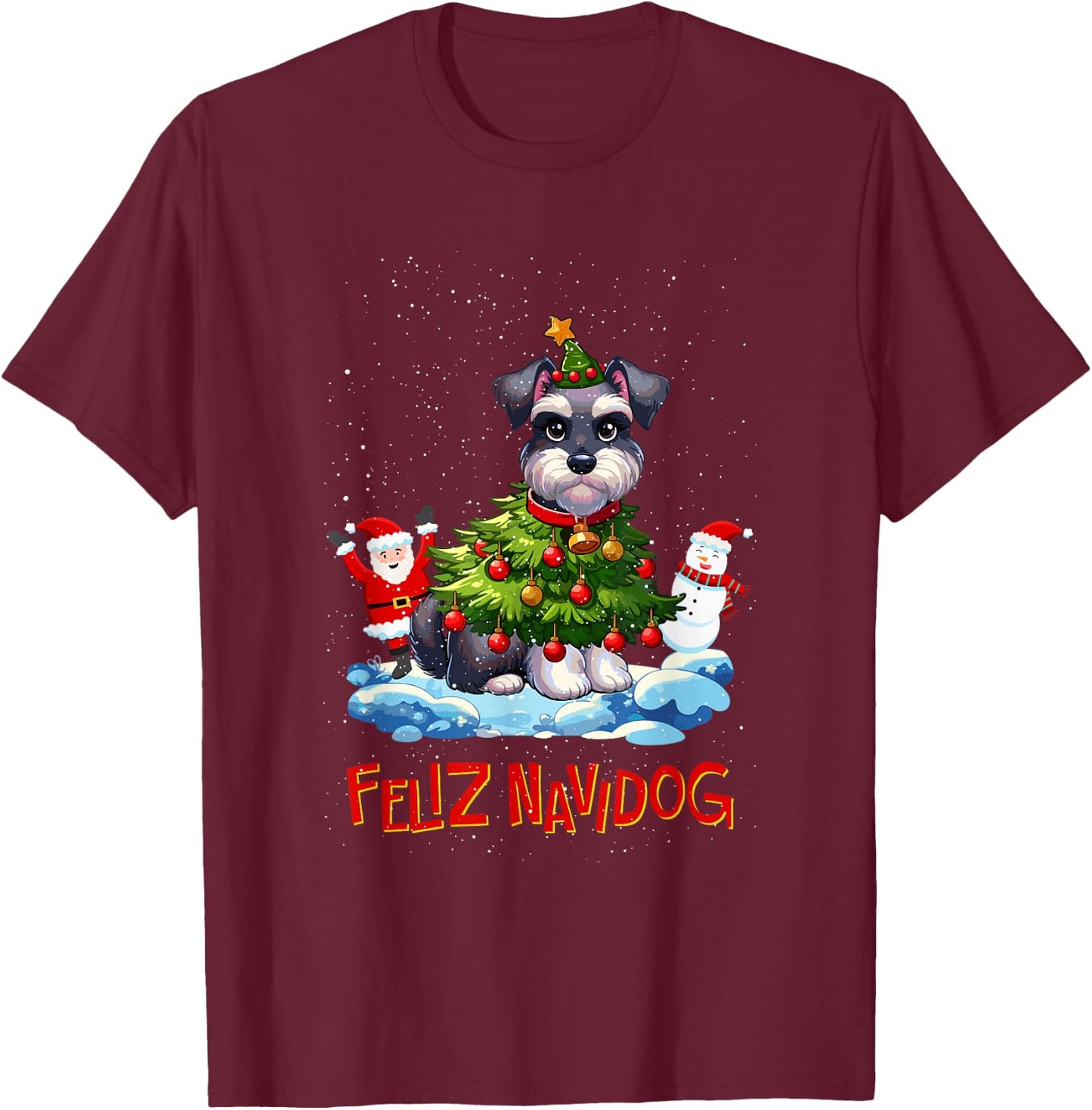 Miniature Schnauzer Merry Christmas Tree Lights Dog X-Mas T-Shirt - T-Shirt | Maroon
