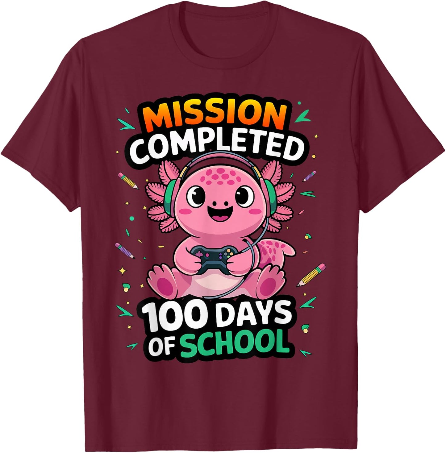 100th Day Of School Gamer Axolotl 100 Days Of School Boys T-Shirt - T-Shirt | Maroon