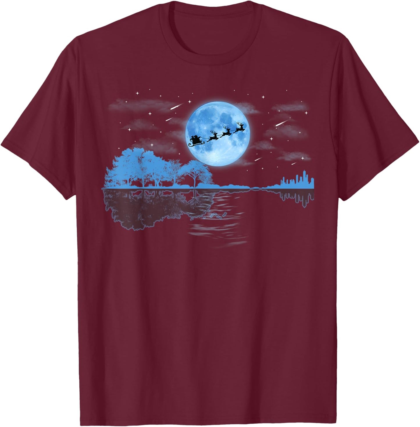 Christmas Guitar Lake Reflection Santa Claus Musician Guitar T-Shirt - T-Shirt | Maroon