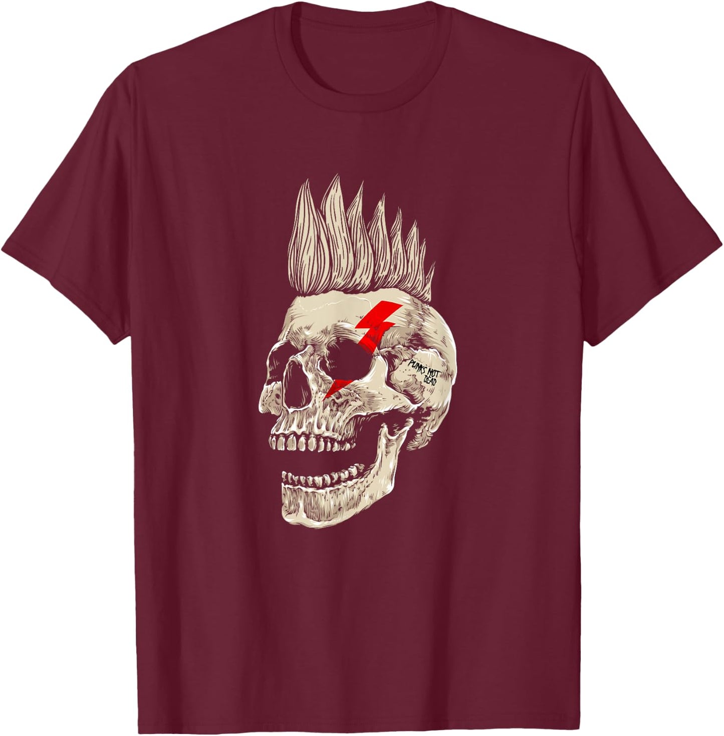 Skull Style Punk Rock with Mohawk Punk Not Dead , Black, S T-Shirt - T-Shirt | Maroon