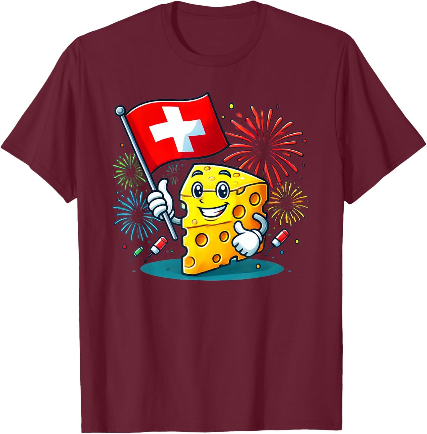 Beautiful Swiss Cheese Cartoon Switzerland National Day T-Shirt - T-Shirt | Maroon