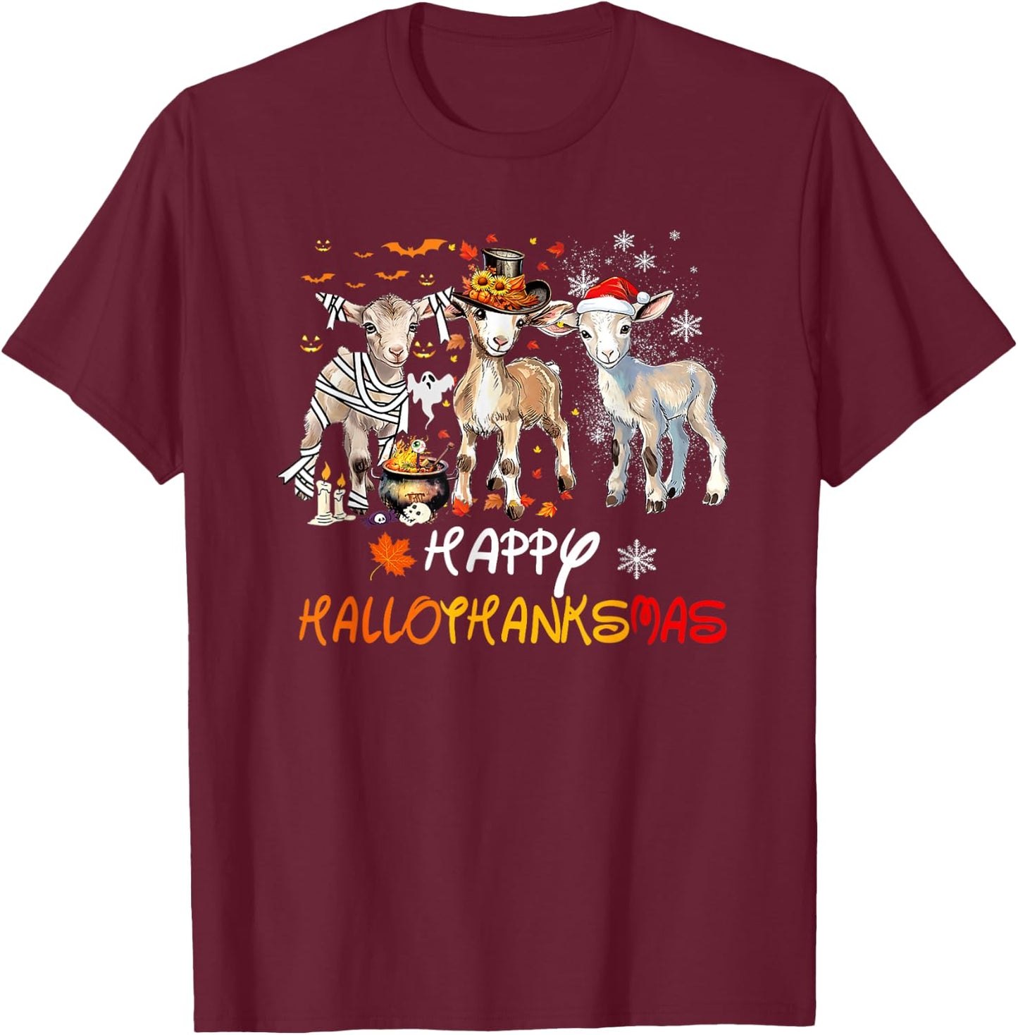 Happy Hallothanksmas Goats T-Shirt - T-Shirt | Maroon