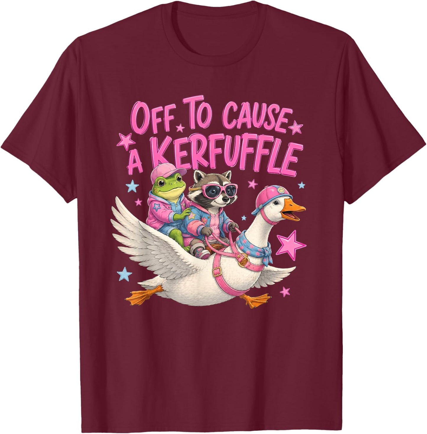 Off to Cause A Kerfuffle Frog Raccoon Riding Goose T-Shirt - T-Shirt | Maroon