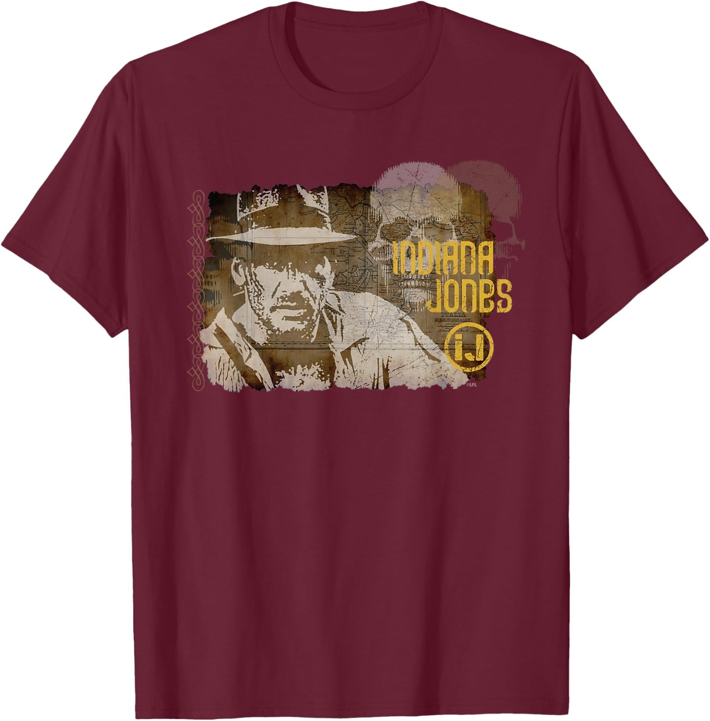 Lucasfilm Indiana Jones Vintage Map and Skull T-Shirt - T-Shirt | Maroon