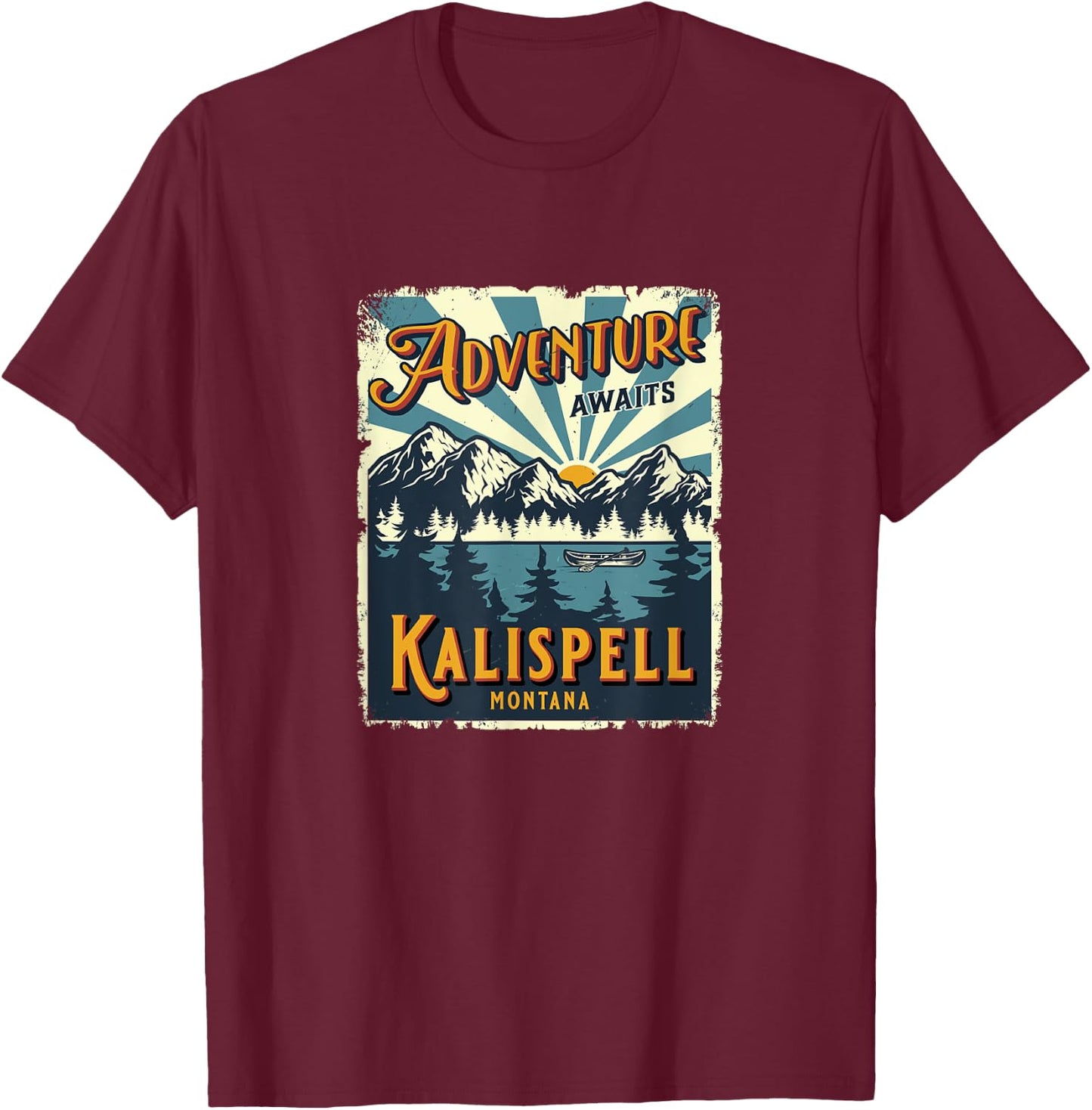 Vintage Kalispell Montana Flathead Lake Retro Sun Souvenir T-Shirt - T-Shirt | Maroon