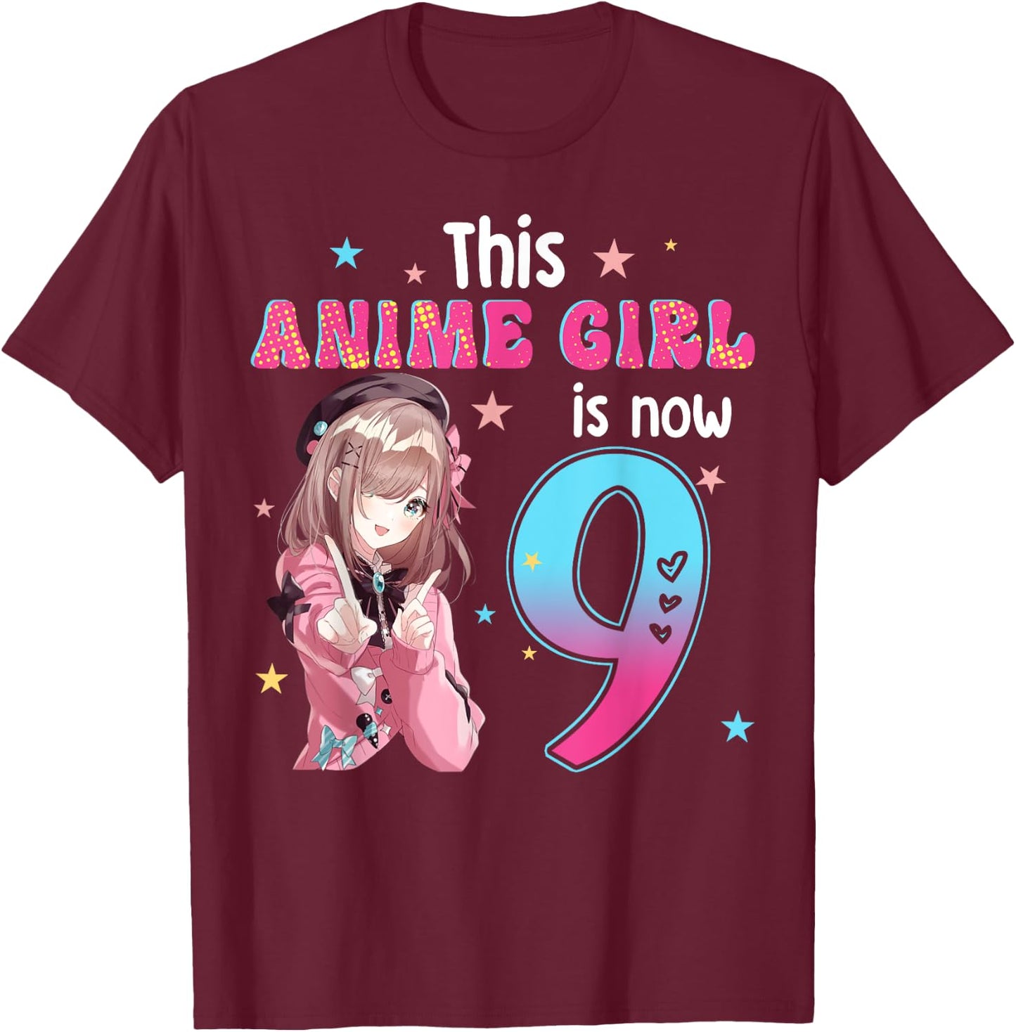 9 Years Old Girl Kawaii Gifts Anime Girl 9th Birthday Kids , black, s T-Shirt - T-Shirt | Maroon