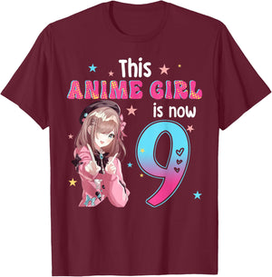 9 Years Old Girl Kawaii Gifts Anime Girl 9th Birthday Kids , black, s T-Shirt - T-Shirt | Maroon