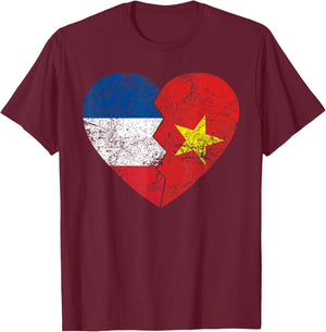 Vietnamese Flag Heart | France Vietnam Roots Vintage , Black, S T-Shirt - T-Shirt | Maroon