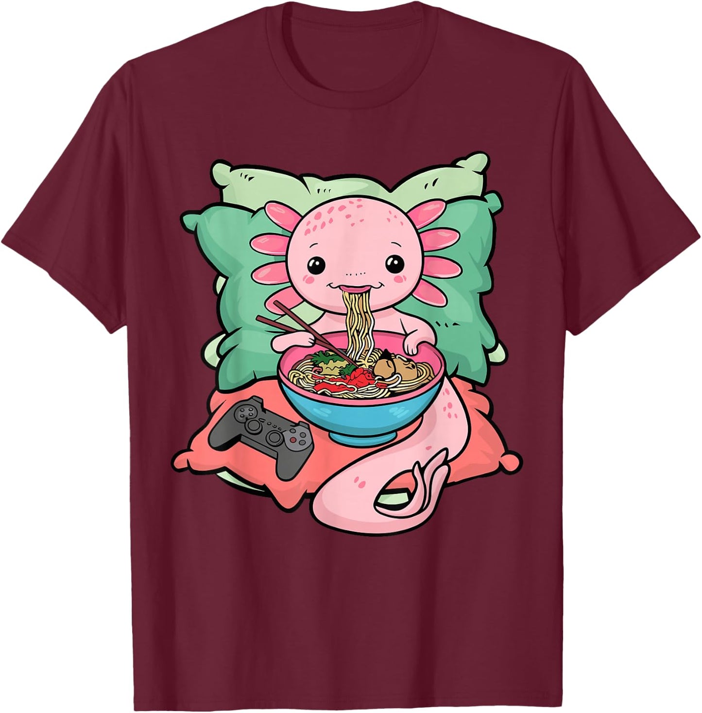 Axolotl Ramen Eating Gamer Axolotl T-Shirt - T-Shirt | Maroon
