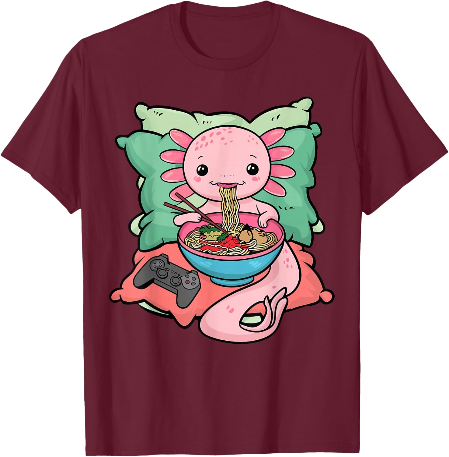 Axolotl Ramen Eating Gamer Axolotl T-Shirt - T-Shirt | Maroon