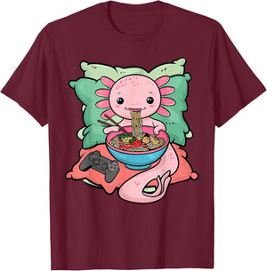 Axolotl Ramen Eating Gamer Axolotl T-Shirt - T-Shirt | Maroon